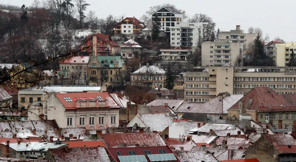 Brasov City Center Panoramic View Winter Romania Tourist Destinations — Stockfoto
