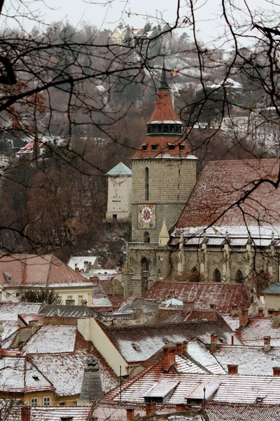Medieval Church Tower Braov Old Town Beautiful Winter Day Romania — Stockfoto