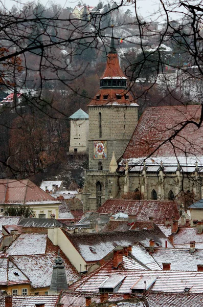 Medieval Church Tower Braov Old Town Beautiful Winter Day Romania — стоковое фото