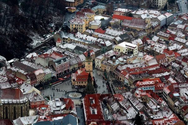 Prachtige Stad Brasov Roemenië Van Bovenaf Winter Europa Bovenaanzicht Foto — Stockfoto