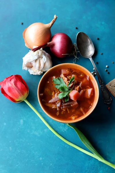 Sour Soup Made Beet Roots Seasonal Vegetables Hot Meal Table — Stock Photo, Image