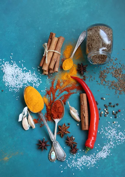 Bela Composição Com Diferentes Especiarias Aromáticas Fundo Azul Comida Picante — Fotografia de Stock