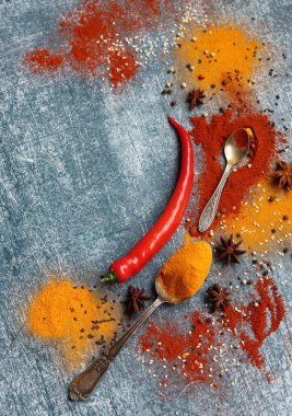 Kırmızı biber, kırmızı biber, zerdeçal, tarçın, anason yıldızı ve masada iki kaşık şarap. Aroma baharatlarının yakın plan fotoğrafını çek. Kopyalama alanı olan gri desenli arkaplan. 