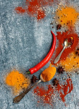 Kırmızı biber, kırmızı biber, zerdeçal, tarçın, anason yıldızı ve masada iki kaşık şarap. Aroma baharatlarının yakın plan fotoğrafını çek. Kopyalama alanı olan gri desenli arkaplan. 