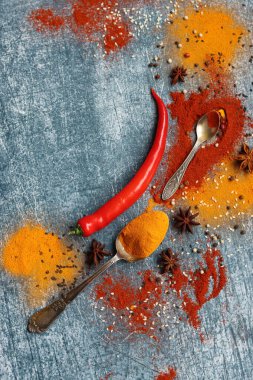 Kırmızı biber, kırmızı biber, zerdeçal, tarçın, anason yıldızı ve masada iki kaşık şarap. Aroma baharatlarının yakın plan fotoğrafını çek. Kopyalama alanı olan gri desenli arkaplan. 
