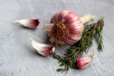 Sarımsak soğanı ve karanfil açık gri bir masada. Baharatların fotoğrafını kapat. Gıda hala hayat. 