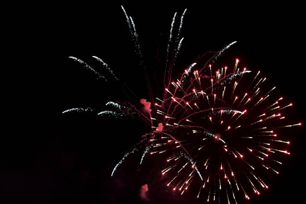 Fireworks splashes in the sky.  Pyrotechnics firework close up photo. Ecology conversation concept. 