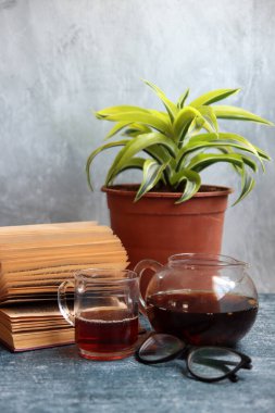 Saksı bitkisi, okuma gözlüğü, açık kitap ve çay demliği gri masada. Geçmişe dönük nesnelerle basit kompozisyon. 