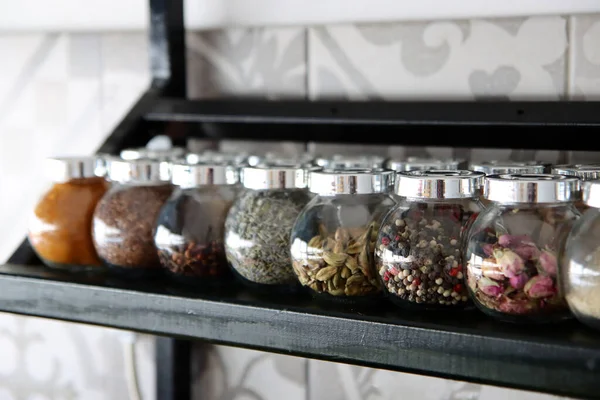 Glass Jars Different Types Spices Shelf Colorful Photo Traditional Spices — Photo