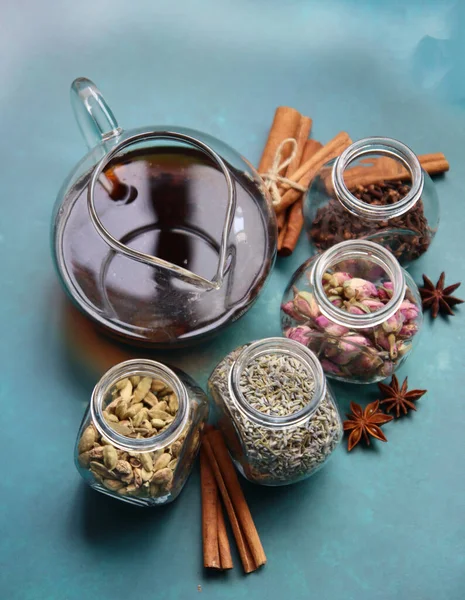 Different Tea Flavors Top View Photo Cinnamon Anise Cardamom Clove — Photo
