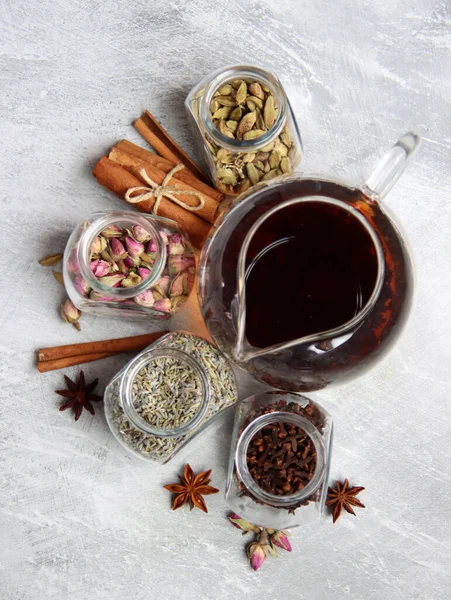 Still Life Tea Pot Glass Jars Spices Black Tea Clove — Photo