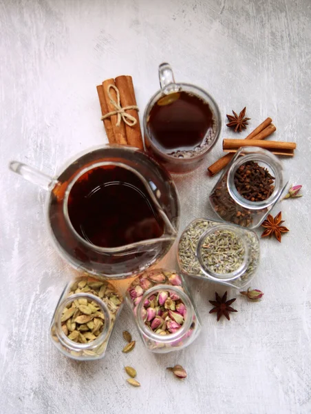 Teapot Spices Jars Light Grey Background Copy Space Different Tea — Photo