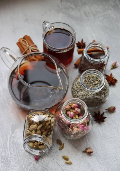 Teapot Spices Jars Light Grey Background Copy Space Different Tea — Photo