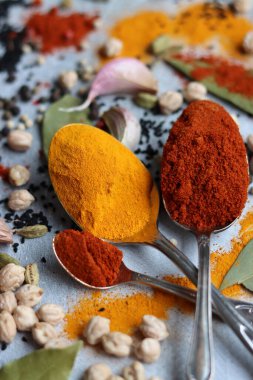 Retro kaşıkların, zerdeçal ve paprika tozuyla yakın plan fotoğrafını çek. Kokulu otların ve baharatların renkli bir fotoğrafı..  