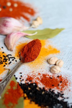 Bitkiler ve Baharatlar Duvar Sanatı. Zerdeçal, karanfil, biber, kırmızı biber, kırmızı biber ve sarımsak dokulu arka planda yakın plan fotoğrafı.. 