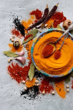 Süslü mavi tabakta zerdeçal tozu var. Aromatik baharatların yakın çekimi. Kırmızı biberli gümüş kaşık. Açık gri arkaplan. Sağlıklı yeme kavramı. 