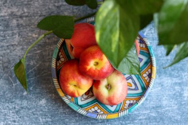 Taze organik meyvelerle hayat. Masadaki şeftali ve nektarin fotoğrafını kapat. Sağlıklı konsept yemek. 