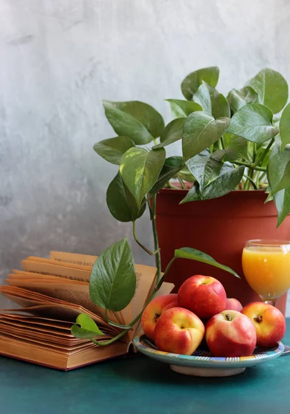 Yaz meyveleriyle dolu bir hayat. Şeftali ve nektarinler fotoğrafı kapatın. Sağlıklı konsept yemek. 