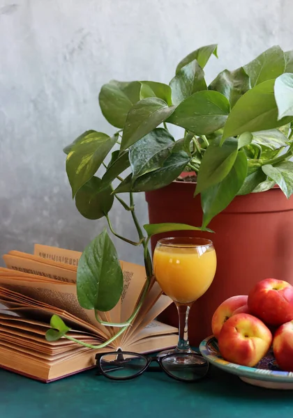 Bir bardak portakal suyu ve taze şeftali ile dolu bir hayat. Yaz meyvesi yakın çekim fotoğrafı. Kopyalama alanı olan açık gri arkaplan. 