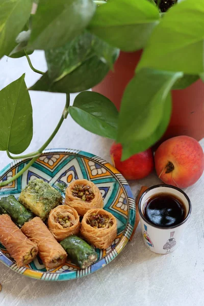 Baklava Nahaufnahme Foto Farbenfrohes Stillleben Mit Traditionellen Türkischen Süßigkeiten Und — Stockfoto