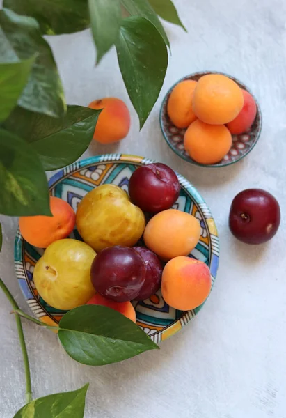 Verse Zomer Fruit Stilleven Foto Kleurrijk Beeld Van Abrikozen Pruimen — Stockfoto