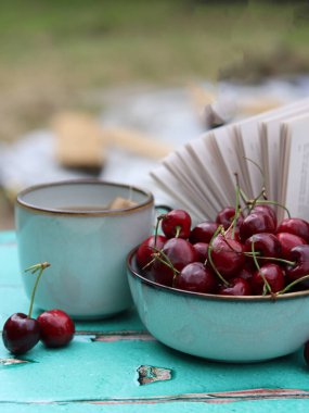 Kiraz kasesi, bir kupa bitki çayı ve yeşil ahşap masada açık bir kitap. Hafta sonu bahçede olacağım. Mevsimlik meyveli kırsal yaşam. 