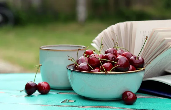 Süßkirschschale Becher Kräutertee Und Ein Aufgeschlagenes Buch Auf Einem Grünen — Stockfoto