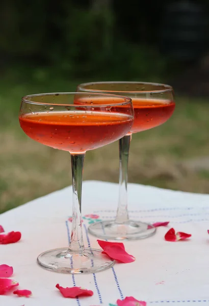 Due Bicchieri Cocktail Arancione Tavolo Romantico Picnic Giardino Bevande Estive — Foto Stock