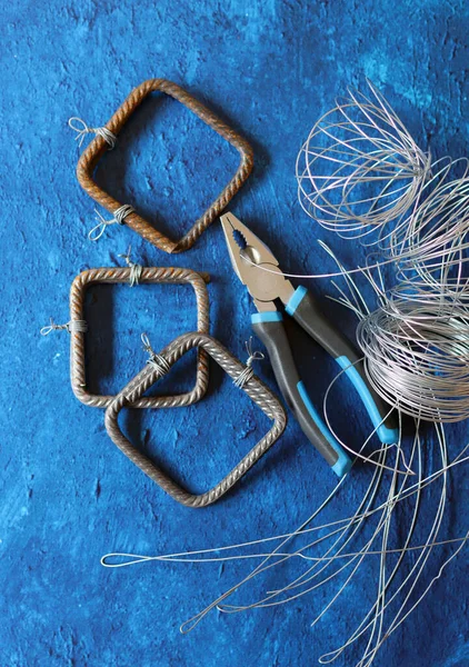 Vintage Pliers Wire Reinforcement Steel Blue Textured Background Copy Space — Stock Photo, Image