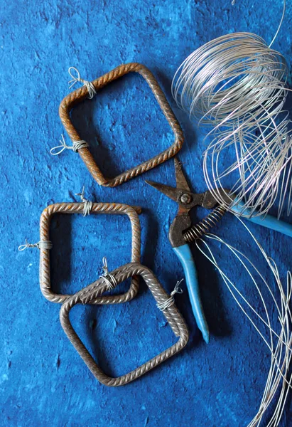 Vintage Pliers Wire Reinforcement Steel Blue Textured Background Copy Space —  Fotos de Stock