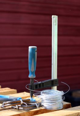 İnşaat işçisi ekipmanı. Araçlar ve enstrümanlar fotoğrafı kapatın. 