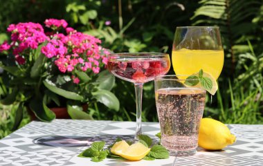 Refreshing beverages close up photo. Summer cocktails on a table. Party in a garden. 