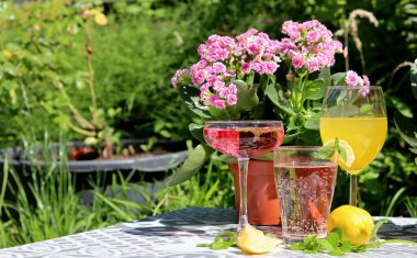 Bahçe masasında ferahlatıcı yaz kokteylleri. Bardakların fotoğrafını çeşitli içkilerle kapat. Bahçede parti. 