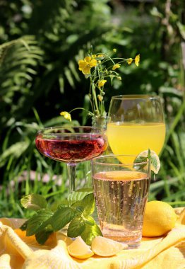 Bahçe masasında ferahlatıcı yaz kokteylleri. Bardakların fotoğrafını çeşitli içkilerle kapat. Bahçede parti. 