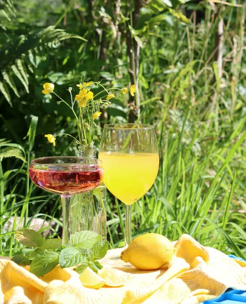 Refreshing summer cocktails on a garden table. Close up photo of glasses with various drinks. Party in a garden.