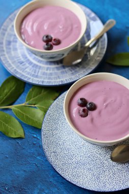 Homemade blueberry yogurt in ceramic bowl. Healthy breakfast on a table. Balanced diet concept. 