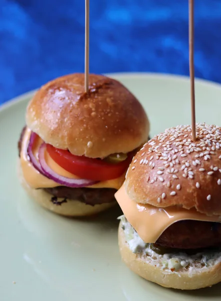 Vegetarian burger close up photo. Freshly baked sourdough buns for home made burgers. Eating healthy concept.