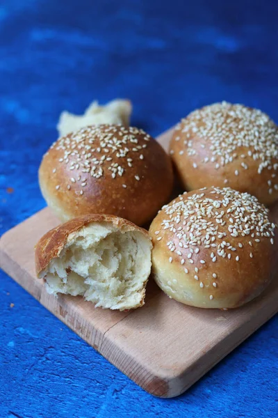 Freshly Baked Sourdough Buns Table Blue Textured Background Copy Space — Stock Photo, Image