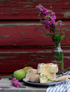 Close up photo of mild cheese. Delicious French cheese on a plate. 