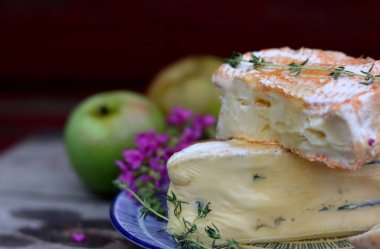 Close up photo of mild cheese. Delicious French cheese on a plate. 
