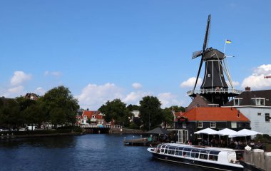 Dutch city view. Beautiful traditional architecture of the Netherlands. Tourist destinations concept. Summer in Europe. 