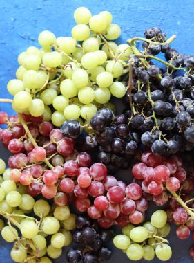 Black, green and red grapes on close up.  Top view photo of seasonal fruits. Healthy eating concept. 
