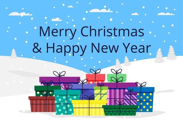 Kar ve kar taneleri yağan mavi arka planda Noel ve yeni yıl hediyeleri. Şirin vektör düz görüntü. İniş sayfası veya web sitesi için arkaplan.