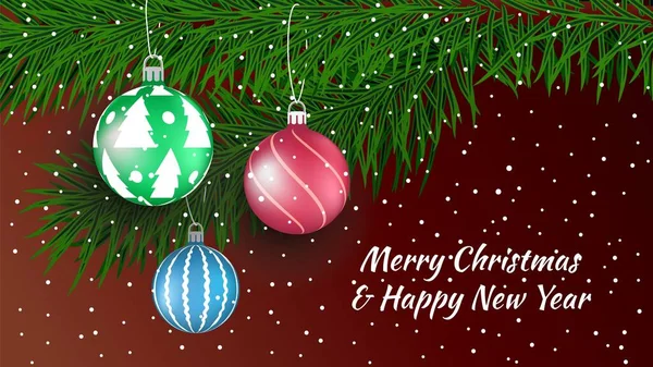 Gerçekçi Noel ağacı ve Noel ağacı süslemeleri olan bir Noel ve yeni yıl geçmişi. Vektör illüstrasyonu.