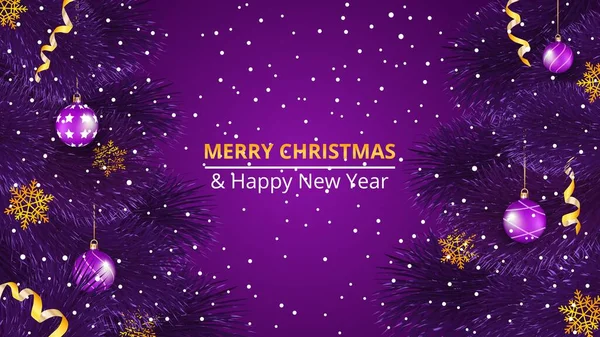 Gerçekçi Noel ağacı ve Noel ağacı süslemeleri olan bir Noel ve yeni yıl geçmişi. Vektör illüstrasyonu