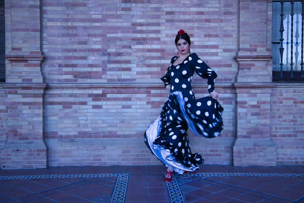 Joven Artista Flamenca Hispana Morena Con Traje Baile Flamenco Típico — Foto de Stock