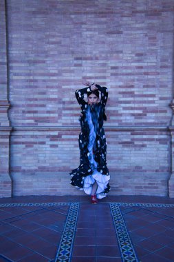 Genç bayan flamenko sanatçısı, İspanyol ve esmer, tipik flamenko dans takımı hareket halinde. Flamenko kavramı, dansçı, insanlığın soyut kültürel mirası. Dikey konum.