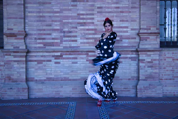 Mladá Žena Flamenco Umělkyně Hispánka Bruneta Typickým Flamenco Tanečním Oblekem — Stock fotografie