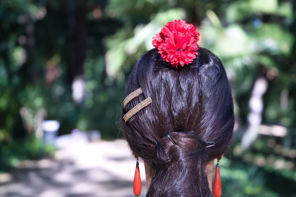 Detalhe Penteado Brincos Jovem Artista Flamenco Morena Com Traje Típico — Fotografia de Stock