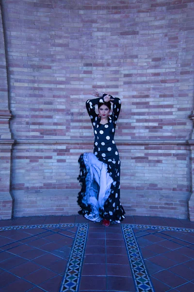 Joven Artista Flamenca Hispana Morena Con Traje Baile Flamenco Típico — Foto de Stock